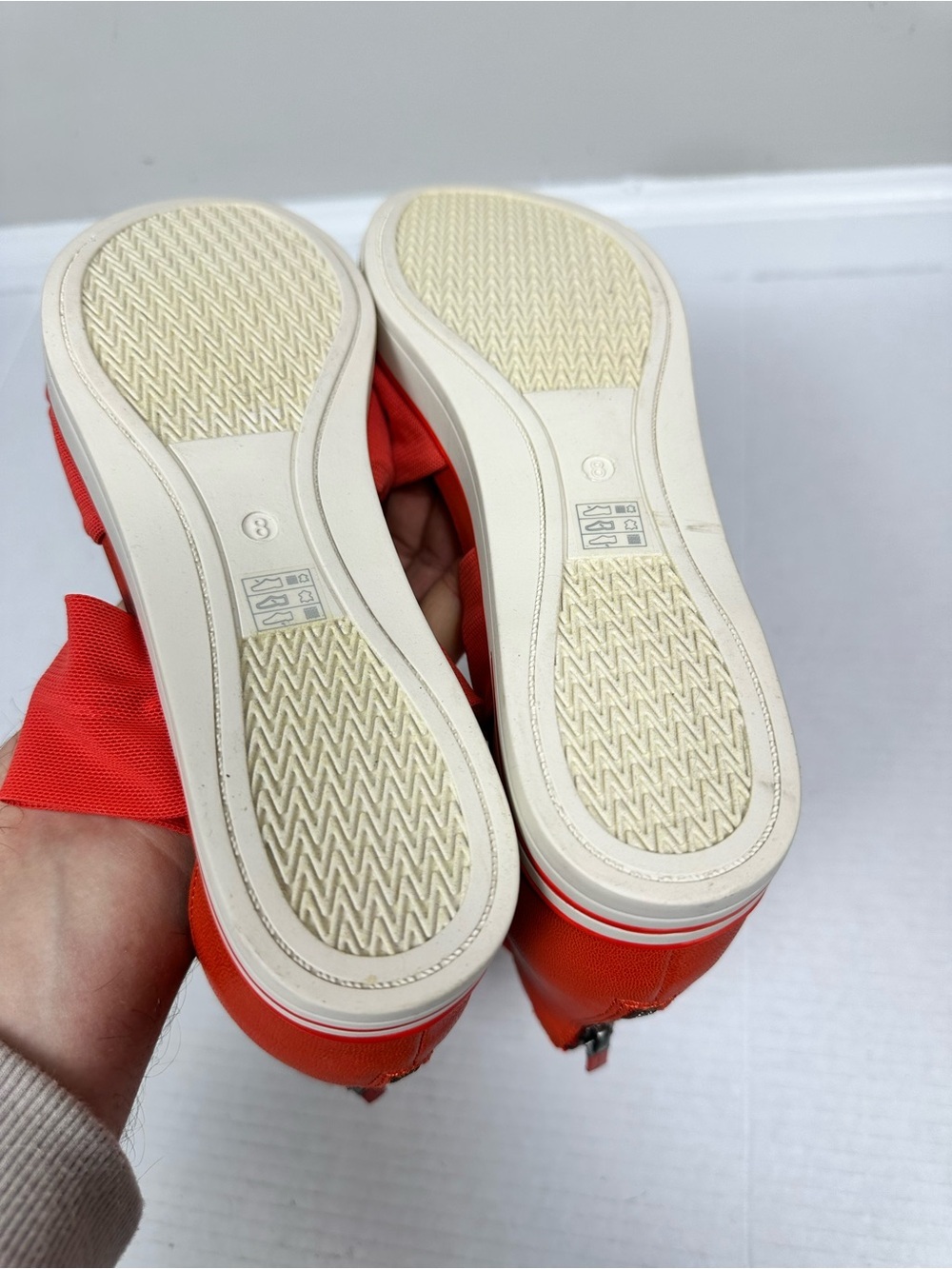 Eileen Fisher Zanya Wedge Sandal Leather Stretch Mesh Strap Red Orange Size 8.0 - Picture 13 of 13